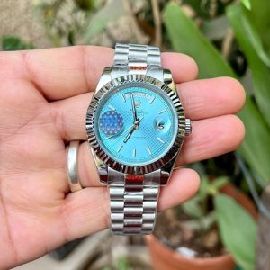Rolex Daydate Motif Dial Ice Blue Silver Fluted Bezel Rx107